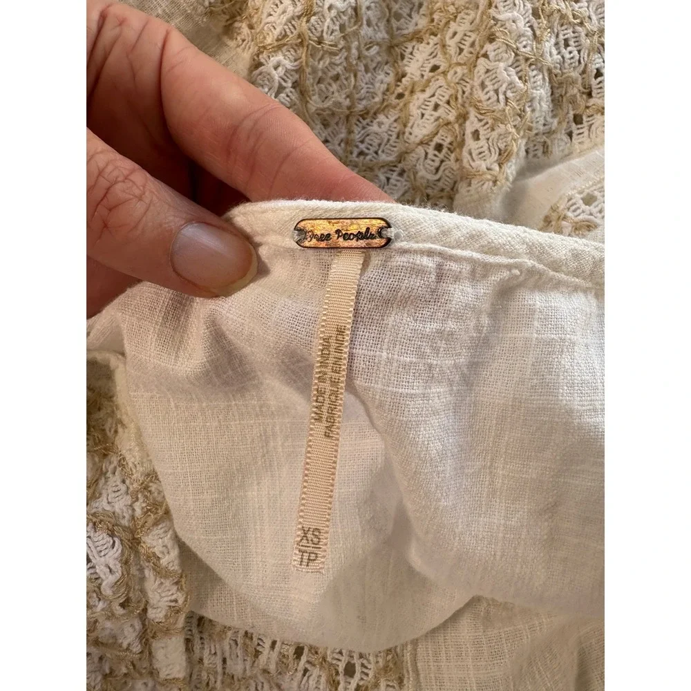Free People White‎ Embroidered Boho Open-Back Tunic Top XS Cotton Peasant